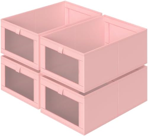 Criusia 4 Pack Linen Closet Organizers and Storage, Closet organizer Large Linen Closet Baskets for Organization, Foldable Storage Containers for Towels, Clothing, Jeans, Books, Shelves, Pink by Criusia