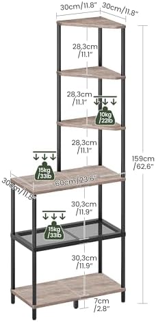 CHOEZON 6-Tier Corner Shelf, Industrial Corner Bookshelf with Desk Top, Diamond-Shaped Storage Shelves, Display Stand for Small Spaces, Living Room, Home Office, Foyer, Greige and Black TCJ70BG - Image 2