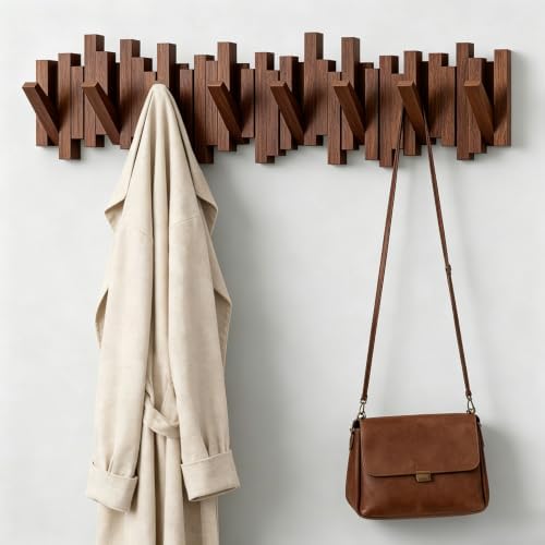 CAQ Wooden Coat Rack Wall Mounted Black 3 Hooks, Modern Piano Design Magnetic Wall Hook, Space-Saving Key Holder Hanger for Entryway Bedroom, Walnut 8 Hooks by CAQ