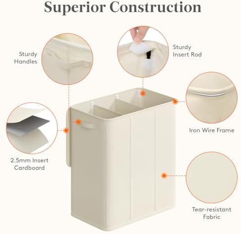 Lifewit Triple Laundry Hamper with Lid, Removable Laundry Bags, Ivory White - Image 2