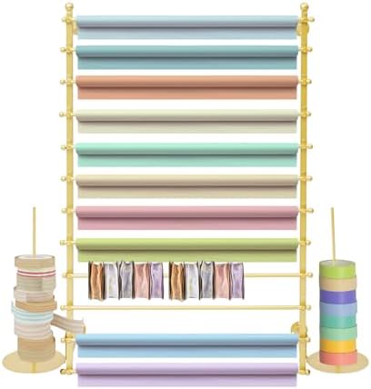 Ribbon Storage Organizer, Wall Mounted Ribbon Organizer, 12-Tier Metal Gift Wrapping Paper Rack, Spool Tie Scarf Hijab Belt Towel Hanger, for Home, Craft Room, Flower Shop, Gold, 31.5in Wide by juckeyroot