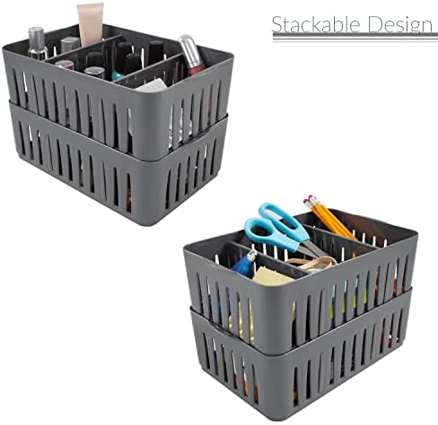 Simplify 3 Compartment Stackable Bin with Adjustable Dividers | Drawer Organizer | Storage Basket | Good for Office | Desk Supplies | Dorm | Bathroom | Accessories | Make Up | Grey (Pack of 12) - Image 4