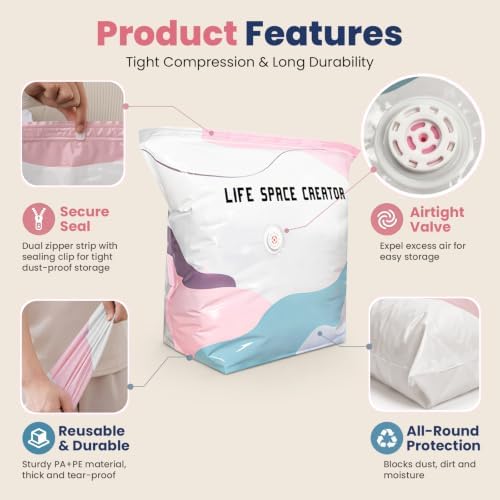 8PCS No Pump Vacuum Storage Bags, No Pump Large Vacuum Storage Compression Bags, Thick Airtight Reusable Organizer for Clothes Comforters Travel Moving Closet Storage (M) - Image 3