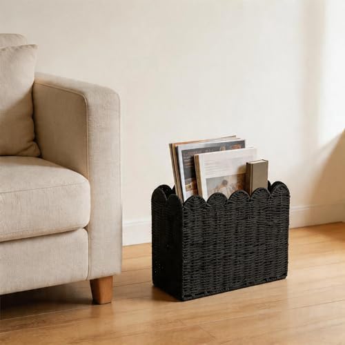 Black Paper Rope Magazine Holder, Scalloped Magazine Basket - Image 7