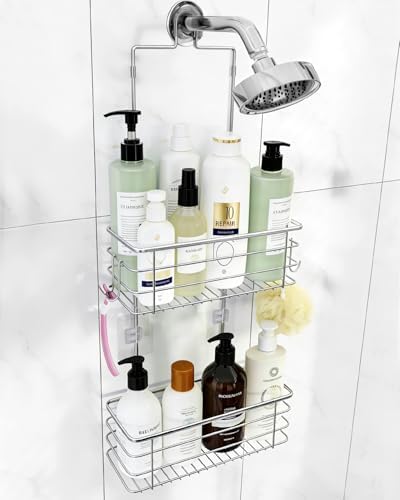 Hanging Shower Caddy, Stainless Steel, 2-Tier Bathroom Organizer Rack over Shower Head with 2 Hooks for Razor and Sponge - Image 3