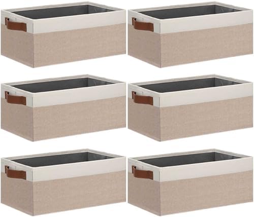 GhvyenntteS Small Fabric Storage Bins 6 Pack, 11.8" x 7.87" x 5.11" Storage Basket with Leather Handles, Closet Storage Bins for Shelves, Storage Baskets for Shelves, DVD Storage (Pink/White) by GhvyenntteS