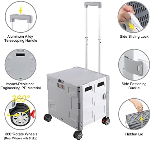 FELICON Folding Utility Cart Rolling Crate Handcart Basket Tote-Gray+White - Image 2