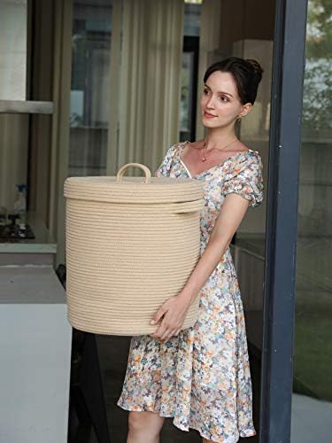 16x18 Inch Extra Large Round Cotton Rope Storage Basket with Lid, Decorative Woven Bin with Cover for Living Room Bedroom Closet, Beige - Image 6