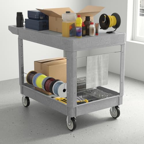 Plastic Utility Cart on Wheels, Large Flat Top Rolling Service Cart-Gray - Image 2