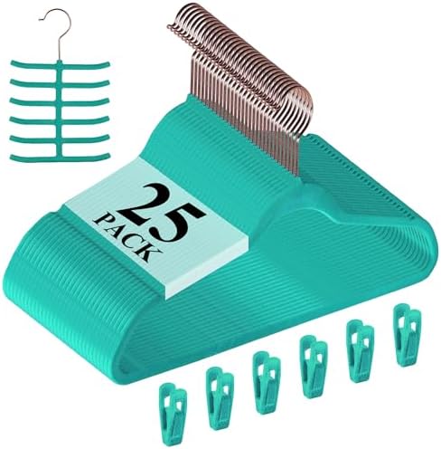 VECELO Premium Velvet Clothes Hangers Suit Heavy Duty (25 Pack)-Non Slip & Space-Saving with 6 Finger Clips & Tie Rack Excellent for Men and Women，Light Teal by VECELO