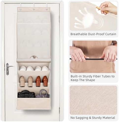 STORAGE MANIAC Over the Door Shoe Organizer with Curtain Dustproof Heavy-Duty Large Deep Pocket Hanging Shoe Organizer for Closet Dorm & Narrow Door Storage Shoe Holder Shoe Rack, 7-Shelf Beige 1 Pack - Image 5