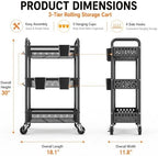 3 Tier Heavy Duty Metal Rolling Utility Cart Organizer with Wheels, Black - Image 3