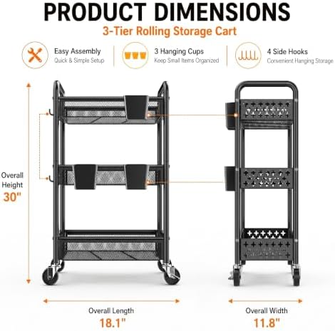 3 Tier Heavy Duty Metal Rolling Utility Cart Organizer with Wheels, Black - Image 3