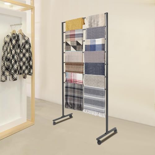 7-Tier Metal Scarf Display Stand with 360°Swivel Wheels, Freestanding Scarf Holder Organizer Rack, Floor Standing Belt Shawl Hijab Towel Display Rack for Boutique, Retail Store, Home (Black) - Image 3