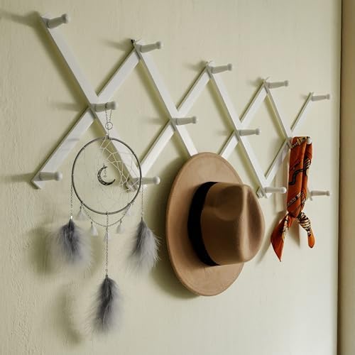 SKOLOO Hat Rack for Wall with 14 Hooks, Solid Wooden, Modern, Expandable Coat Rack Wall Mount for Coats, Hats, Bags, Baseball Caps, White - Image 5
