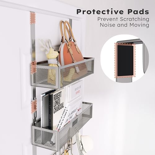 Consumest Over The Door Hooks Organizer - 3 Tier Door Hanger with 9 Coat Hooks & 2 Mesh Basket, Back Storage Organizer Hanging Towels for Bathroom, Bedroom, Sand Nickel - Image 3
