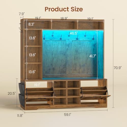 Itaar Hall Tree with Bench and Shoe Storage, 59.1" Farmhouse Entryway Bench with Coat Rack, Shoe Cabinet with Flip Drawers, 12 Shelves, 9 Coat Hooks, Storage Bag, Led Lights, Rustic Brown - Image 2