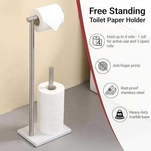 Hoooh Free Standing Toilet Paper Stand with Marble Base, Brushed Nickel - Image 4