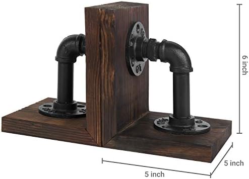 MyGift Burnt Wood Bookends with Metal Industrial Pipe Design, 2 Piece Set - Image 4