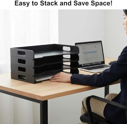 Yinkin Wooden Stackable Paper Trays 4-tier Wooden Paper Organizer for Desk Letter Documents Woodens Desktop File Organizers for Desktop File Holder and Office Supplies Rack for Home Office Use (Black) - Image 6