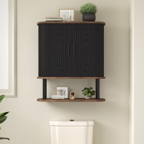 Fluted Bathroom Wall Cabinet with Tambour Sliding Door, Black by OPERTION