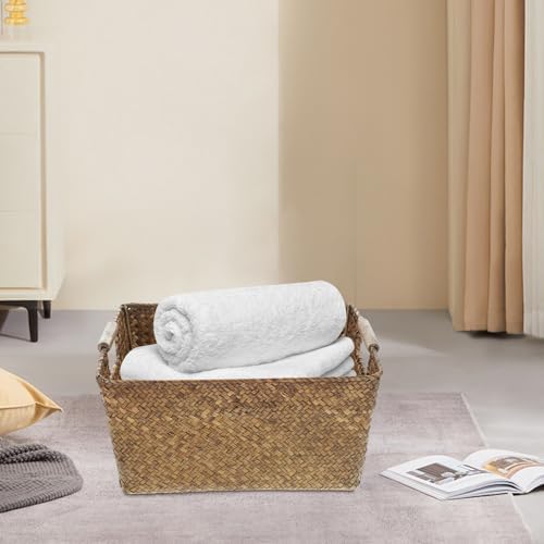 Seagrass Woven Storage Basket with Wood Handles Desktop Organizer - Image 5