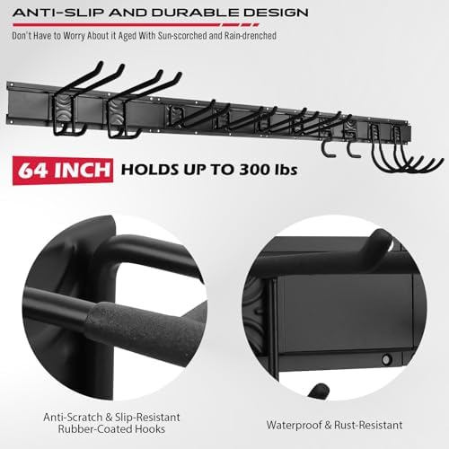 SEDY 64" Heavy Duty Garage Storage Tool Organizer Wall Mount - Tool Rack with Adjustable Hooks, Anti-Rust, 300lbs Capacity - Easy Installation (4 Racks, 10 Hooks, 3 Straps) - Image 6