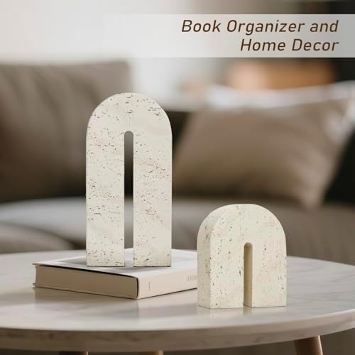 BOHDK Book Ends for Shelves, Resin Heavy Duty Decorative Bookends, Retro Arch Book Holder for Heavy Books, Imitation Travertine Book Stopper for Home Decor, Study, Bookshelf, Desktop, Set of Two - Image 4