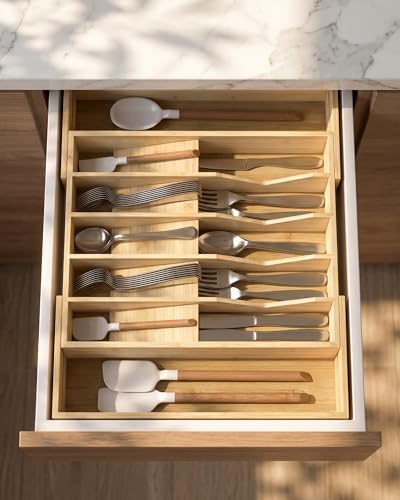Expandable Utensil Drawer Organizer for Silverware,Bamboo 12 Slot - Image 7