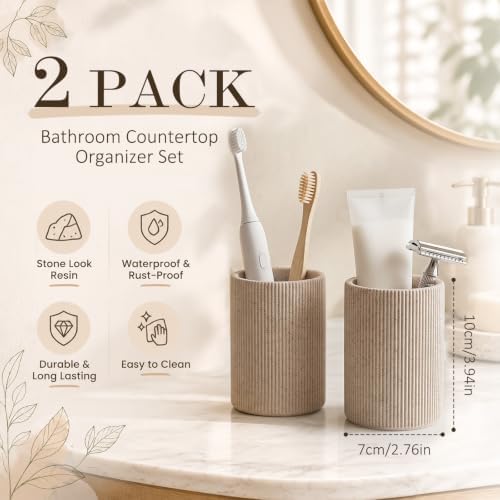 2 Pack Toothbrush Holder for Bathroom, Beige Stripped Cups - Image 2