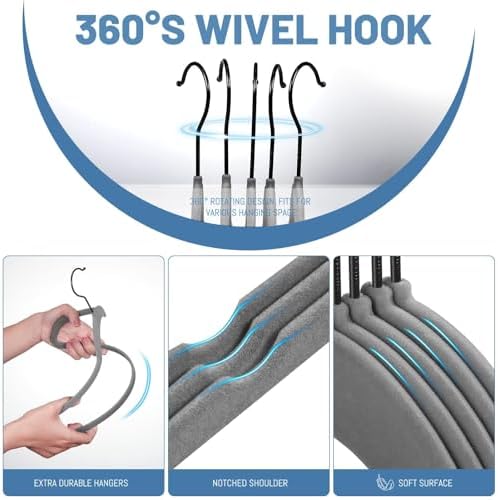 HOUSE DAY Grey Velvet Hangers 60 Pack, Non Slip Felt Hangers, Heavy Duty Velvet Clothes Hanger, Ultra Slim Hanger Space Saving, Perfect for Shirt, Suits, Pants - Image 5