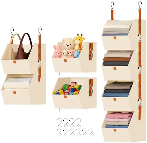 DIMJ Hanging Closet Organizer - 4 Tier Collapsible Hanging Shelves with Hooks Zipper, Fabric Clothes Organizer, Space-Saving Storage Bin Basket for RV, Bedroom, Laundry Organization by DiMJ