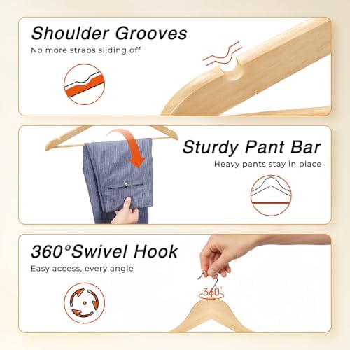 HOUSE DAY Slim Wooden Hangers 30 Pack, Solid Wood Hanger with Non Slip Shoulder Notches & Pant Bar, Smooth Finish Wood Clothes Hangers for Shirts, Suits, Jackets, Natural - Image 6