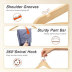 HOUSE DAY Slim Wooden Hangers 30 Pack, Solid Wood Hanger with Non Slip Shoulder Notches & Pant Bar, Smooth Finish Wood Clothes Hangers for Shirts, Suits, Jackets, Natural - Image 6
