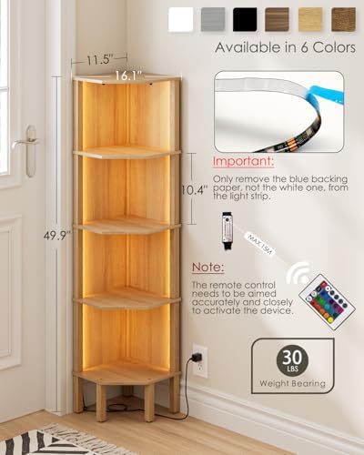 Corner Shelf Stand, 5 Tier Corner Bookshelf with Light,Corner Furniture for Bedroom Display Corner Shelf for Small Space,Wood Shelves with Storage Rack for Living Room,Office,Oak - Image 2