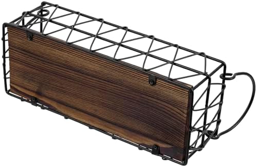 MyGift 2 Piece Wall Mounted Black Geometric Metal Nesting Storage Basket with Rustic Solid Burnt Wood Base, Small Tabletop Decorative Metal Wire Bins with Handles - Image 7