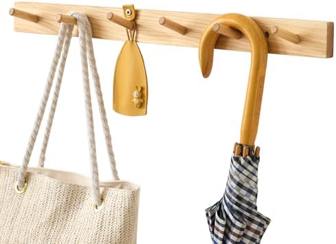 Hickory Wood Coat Rack Wall Mount, 24 Inch Coat Hook Hanger Wooden Wall Coat Rack with 6 Hooks for Purse Clothes Towels Hats in Entryway Bedroom Bathroom, Natural by TRWISWDC