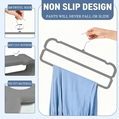 VSV stoage Velvet Pants Hangers with Double Non Slip Bar - Multiple Velvet Hangers for Closet - Thin Space Saving Clothes Hanger - 360° Swivel Felt Trouser Hanger Perchas Terciopelo 10 Pack (Grey) - Image 3