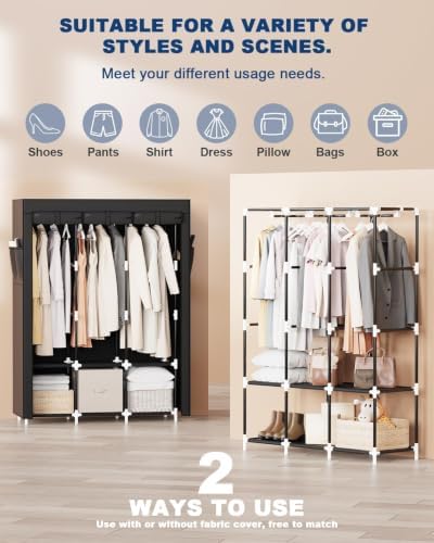 Mavivegue Portable Closet, 50 Inch Wardrobe Closet, Portable Closets for Hanging Clothes with 3 Hanging Rods and 6 Storage Shelves for Bedroom, Black - Image 6