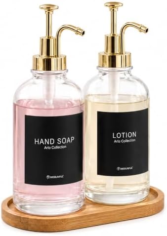 Kitchen Soap Dispenser Set of 2, 16.9 oz Glass, Gold Stainless Steel Pump by modunfulbathroom