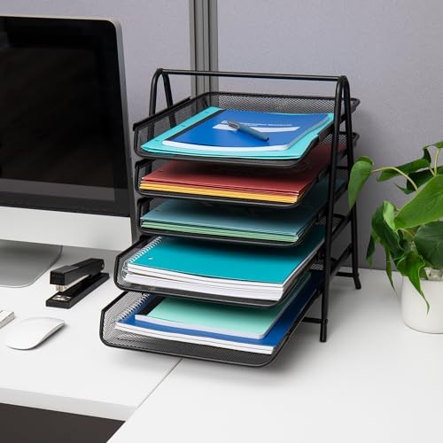 Mind Reader 5-Tier Paper Tray Organizer, Vertical Desktop File Storage Rack, Office, Metal Mesh, Black (Pack of 6) - Image 6