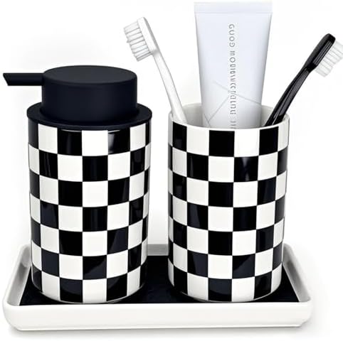 Bathroom Toothbrush Holder Set, Ceramic Soap Dispenser and Tooth Brush Holder Set, Modern Bathroom Accessories Sets Countertop, Black and White Checkered Bathroom Decor Set by Unknown