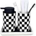 Bathroom Toothbrush Holder Set, Ceramic Soap Dispenser and Tooth Brush Holder Set, Modern Bathroom Accessories Sets Countertop, Black and White Checkered Bathroom Decor Set by Unknown