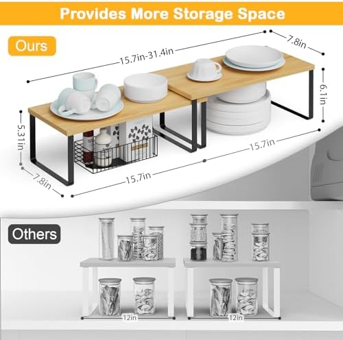OGEMXU Cabinet Shelf Organizers, 15.7 inches Large Kitchen Counter Shelf, Set of 4 Wood Kitchen Pantry Organizer, Storage Shelves for Countertop, Spice Rack, Stackable, Expandable, Metal Black, Nature - Image 2