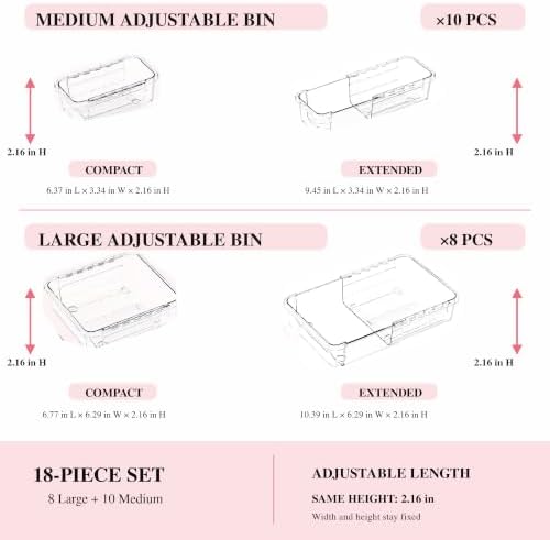 18 Pcs Clear Adjustable Drawer Organizer, 2-Size Desk Drawer Organizer Box, Acrylic Storage Bins for Makeup, Cosmetic, Kitchen Utensils, Bedroom Dressers Tool Organizer for Gadgets (18) - Image 2