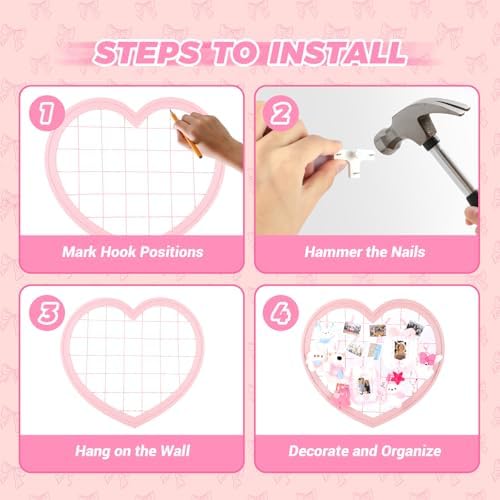 Pink Preppy Coquette Room Decor, Heart Shape Wire Wall Grid Panel for Photo Display Board and Wall Storage Organizer, Wall Decor for Teen Girls and Women Home Bedroom Living Room and Dorm - Image 6