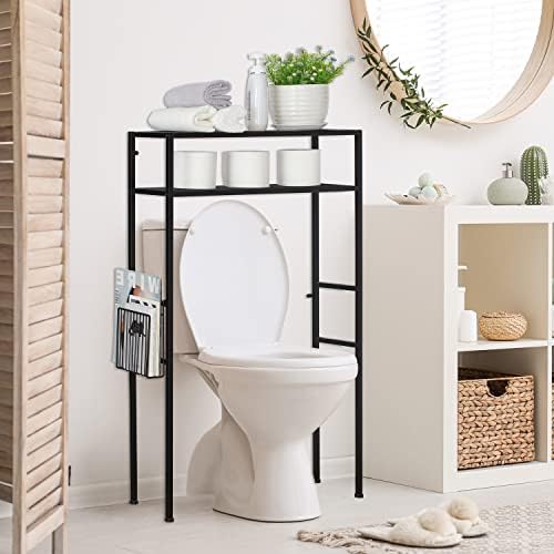 MyGift 2-Tier Over The Toilet Storage Rack, Over Toilet Bathroom Organizer, Freestanding Above Toilet Shelf with Removable Magazine Holder Basket, Black Metal Cabinet for Laundry Space Saver - Image 4