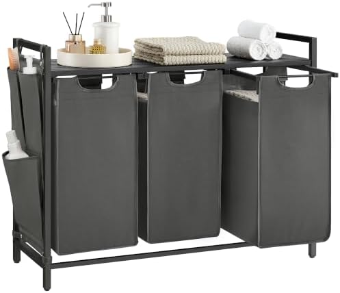 VASAGLE Laundry Hamper with Shelf, 3 Pull-Out Bags, 3 x 10.6 Gallons (40 L) by VASAGLEbySONGMICSHOME