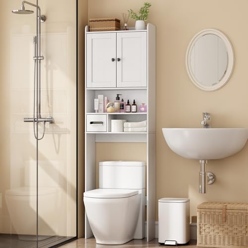 Over the Toilet Storage Cabinet, Tall Slim Bathroom Organizer with Doors, Adjustable Shelves & Built-in Toilet Paper Holder, Space-Saving Above Toilet Cabinet for Small Bathrooms(White) by Nivisre