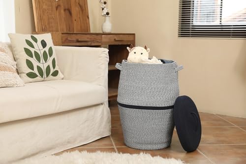 26"x20" Extra Large Tall Woven Laundry Basket with Lid, Cotton Rope Blanket Storage Basket, Freestanding Decorative Bin for Bedroom Living Room, Navy Blue Mix - Image 2